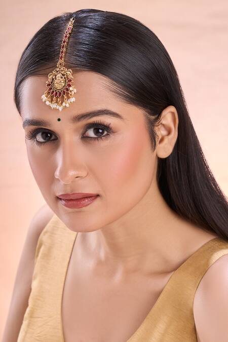 Buy_Nazaakat By Samara Singh_Gold Plated Temple Maangtikka With Kemp Stones _Online_at_Aza_Fashions