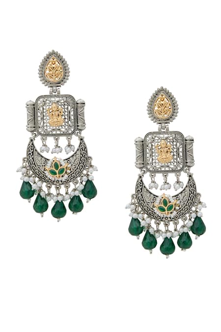 Shop Nazaakat By Samara Singh Gold Plated Beads, Pearls Dual Tone Carved Chandbali Dangler Earrings at Aza Fashions Shop_Nazaakat By Samara Singh_Gold Plated Beads, Pearls Dual Tone Carved Chandbali Dangler Earrings _at_Aza_Fashions