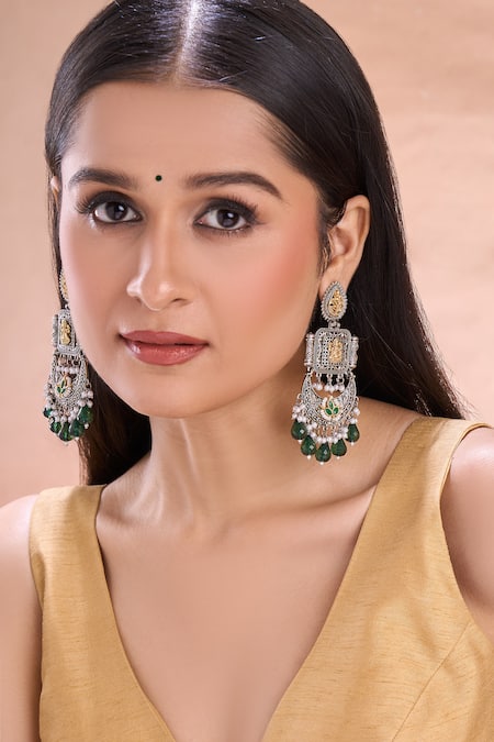 Samyukta Singhania Dual Tone Carved Chandbali Dangler Earrings 
