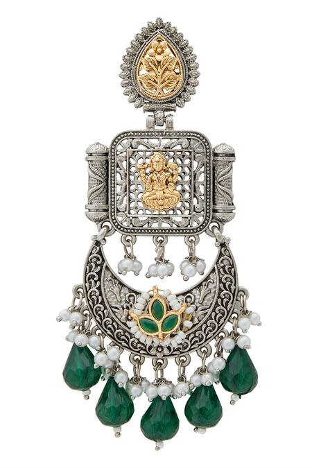 Nazaakat By Samara Singh Gold Plated Beads, Pearls Dual Tone Carved Chandbali Dangler Earrings at Aza Fashions Nazaakat By Samara Singh_Gold Plated Beads, Pearls Dual Tone Carved Chandbali Dangler Earrings _at_Aza_Fashions