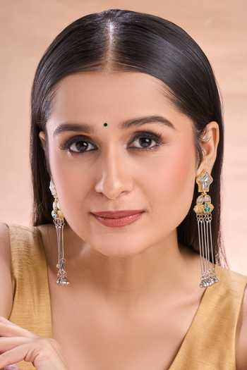 Shop_Nazaakat By Samara Singh_Gold Plated Stones Dual Paisley Chain Tassel Earrings _Online_at_Aza_Fashions