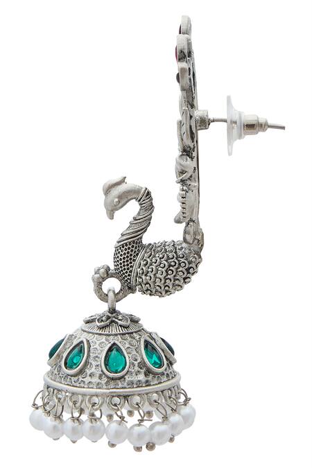 Nazaakat By Samara Singh_Silver Plated Pearls, Stones Bird Pattern Tasselled Jhumkas _Online_at_Aza_Fashions