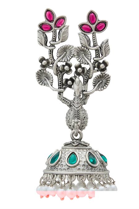 Buy_Nazaakat By Samara Singh_Silver Plated Pearls, Stones Bird Pattern Tasselled Jhumkas _Online_at_Aza_Fashions
