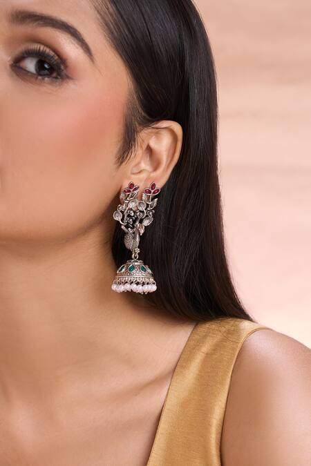 Shop_Nazaakat By Samara Singh_Silver Plated Pearls, Stones Bird Pattern Tasselled Jhumkas _Online_at_Aza_Fashions