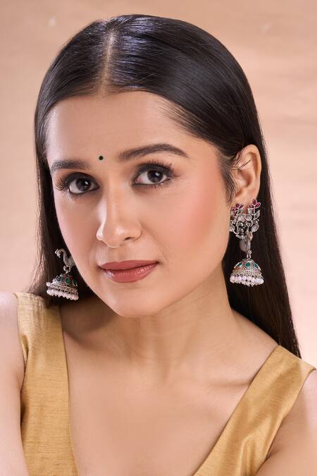 Nazaakat By Samara Singh_Silver Plated Pearls, Stones Bird Pattern Tasselled Jhumkas _at_Aza_Fashions