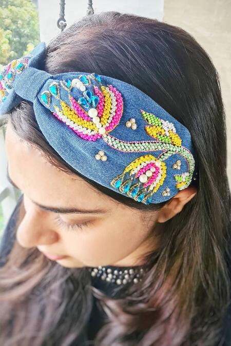 Buy The House Of Aqua Blue Crystals, Pearls, Beads Denim And Embellished Headband Online at Aza Fashions Buy_The House Of Aqua_Blue Crystals, Pearls, Beads Denim And Embellished Headband _Online_at_Aza_Fashions