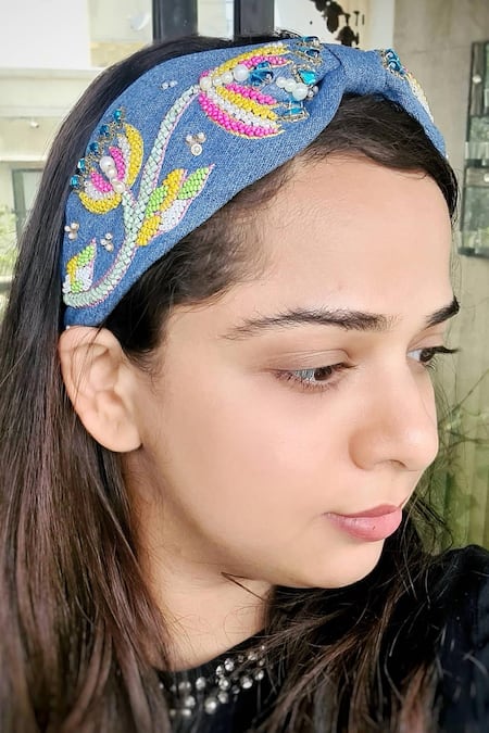 Shop The House Of Aqua Blue Crystals, Pearls, Beads Denim And Embellished Headband at Aza Fashions Shop_The House Of Aqua_Blue Crystals, Pearls, Beads Denim And Embellished Headband _at_Aza_Fashions