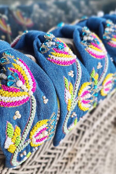 Shop The House Of Aqua Blue Crystals, Pearls, Beads Denim And Embellished Headband Online at Aza Fashions Shop_The House Of Aqua_Blue Crystals, Pearls, Beads Denim And Embellished Headband _Online_at_Aza_Fashions