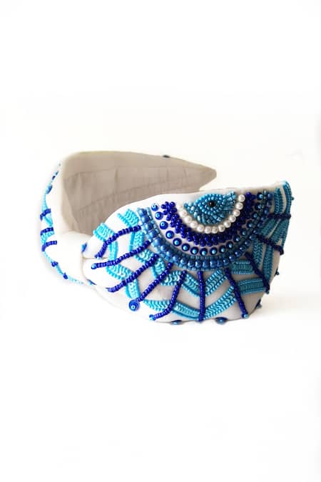 The House Of Aqua_White Sequins, Beads, Pearls Evil Eye Embroidered Headband _Online_at_Aza_Fashions