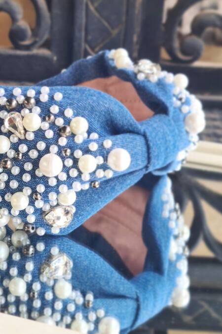 The House Of Aqua_Blue Beads, Crystals, Pearls Denim Headband _Online_at_Aza_Fashions