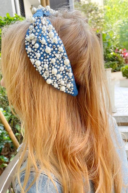 The House Of Aqua Crystal Pearl Denim Blue Headband 