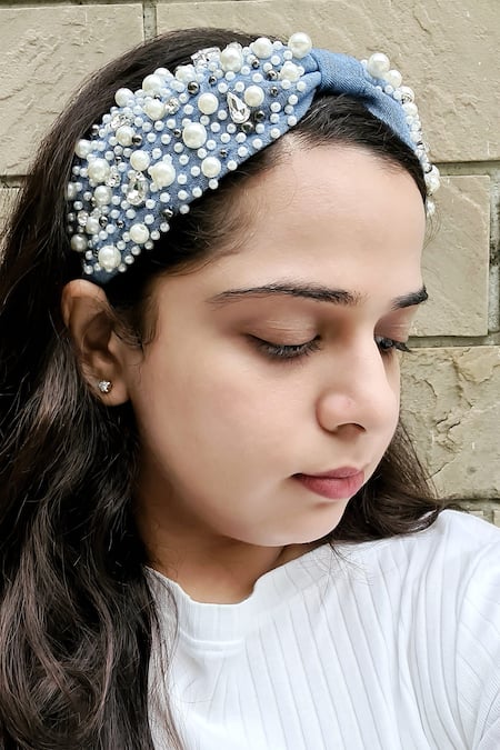The House Of Aqua Crystal Pearl Denim Blue Headband 