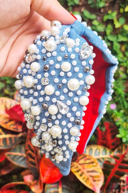Buy_The House Of Aqua_Blue Beads, Crystals, Pearls Denim Headband _Online_at_Aza_Fashions
