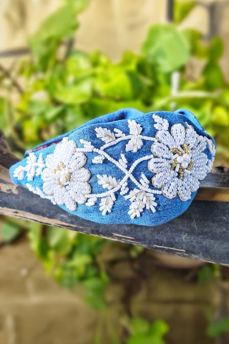 The House Of Aqua_Blue Cut Work, Embroidery Denim Velvet Headband _Online_at_Aza_Fashions
