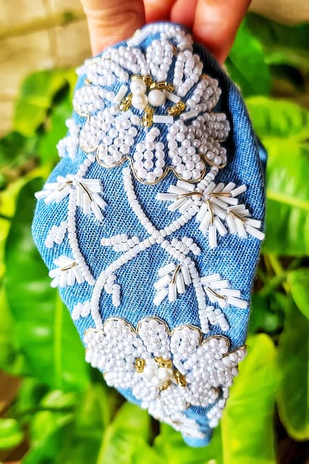 Buy_The House Of Aqua_Blue Cut Work, Embroidery Denim Velvet Headband _Online_at_Aza_Fashions