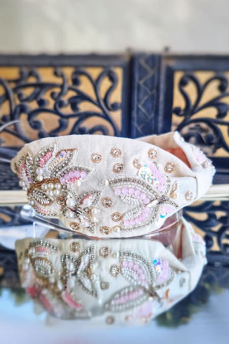 The House Of Aqua Bloom Embroidered Off White Headband 