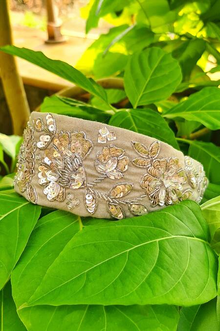 The House Of Aqua_Beige Sequins Bloom Embroidered Headband _Online_at_Aza_Fashions