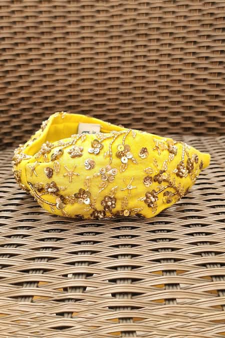 The House Of Aqua_Yellow Sequins Embroidered And Cutdana Headband _Online_at_Aza_Fashions