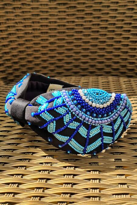 Shop_The House Of Aqua_Black Pearls, Sequins, Beads Evil Eye Art Embroidered Headband _Online_at_Aza_Fashions