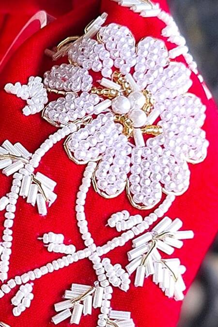 The House Of Aqua_Red Cut Work, Beads, Pearls Blossom Embroidered Headband _Online_at_Aza_Fashions