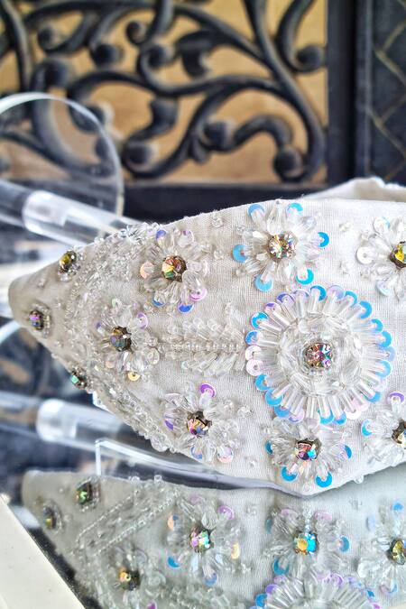 Buy_The House Of Aqua_Off White Beads, Sequins Floral Embroidered Headband _Online_at_Aza_Fashions