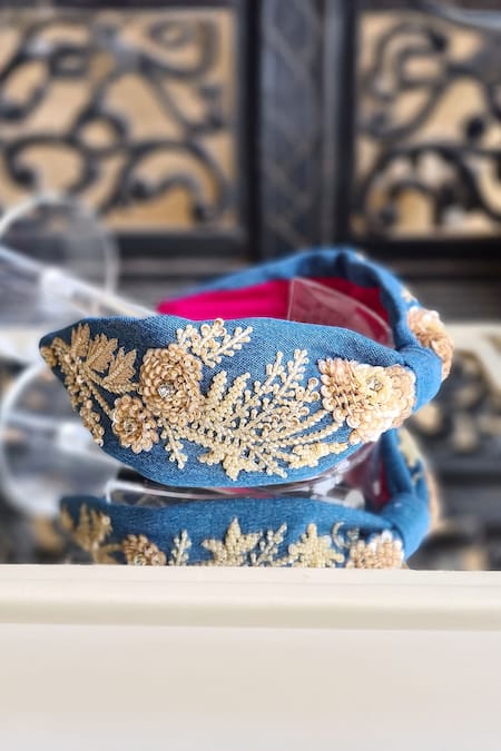 The House Of Aqua_Blue Pearls, Sequins, Cut Work Floral Embroidered Denim Headband _Online_at_Aza_Fashions