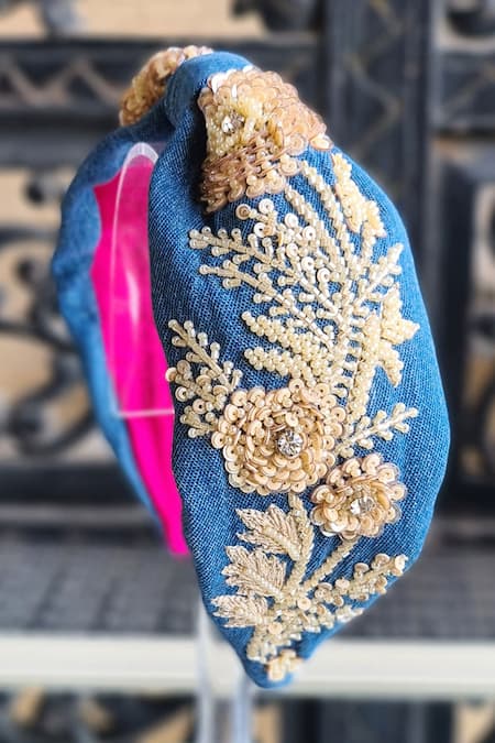 The House Of Aqua Floral Embroidered Denim Headband 