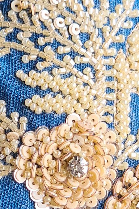 Buy_The House Of Aqua_Blue Pearls, Sequins, Cut Work Floral Embroidered Denim Headband _Online_at_Aza_Fashions