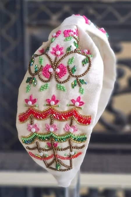 The House Of Aqua_White Cut Work, Beads, Pearls Flora Embroidered Silk Headband _Online_at_Aza_Fashions