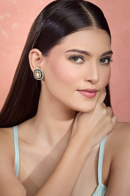 Moh-Maya by Disha Khatri Emerald Green Crystals, Stones Kundan Cutwork Stud Earrings 