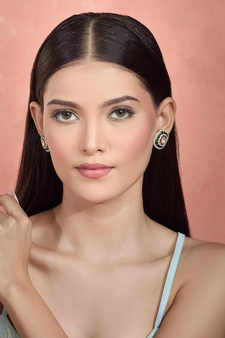 Buy Moh-Maya By Disha Khatri Emerald Green Crystals, Stones Kundan Cutwork Stud Earrings Online at Aza Fashions Buy_Moh-Maya By Disha Khatri_Emerald Green Crystals, Stones Kundan Cutwork Stud Earrings _Online_at_Aza_Fashions