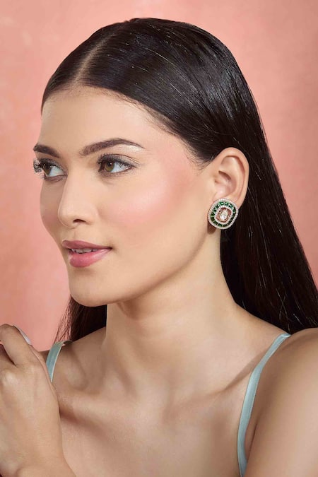Shop Moh-Maya By Disha Khatri Emerald Green Crystals, Stones Kundan Cutwork Stud Earrings Online at Aza Fashions Shop_Moh-Maya By Disha Khatri_Emerald Green Crystals, Stones Kundan Cutwork Stud Earrings _Online_at_Aza_Fashions