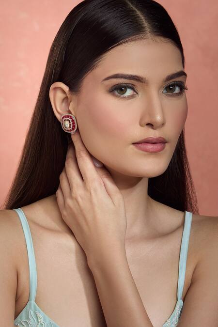 Moh-Maya By Disha Khatri Red Crystals, Stones Kundan And Cubic Zirconia Stud Earrings at Aza Fashions Moh-Maya By Disha Khatri_Red Crystals, Stones Kundan And Cubic Zirconia Stud Earrings _at_Aza_Fashions