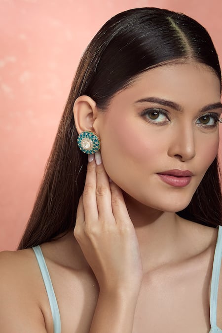 Buy_Moh-Maya By Disha Khatri_Green Cut Work Gold Plated Kundan Stud Earrings _Online_at_Aza_Fashions