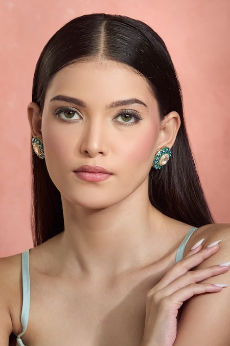 Moh-Maya By Disha Khatri_Green Cut Work Gold Plated Kundan Stud Earrings _at_Aza_Fashions