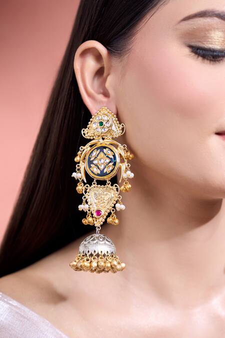 Buy_Moh-Maya By Disha Khatri_Multi Color Stones, Beads Gold Plated Geometric Jhumkas_Online_at_Aza_Fashions