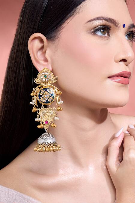 Shop_Moh-Maya By Disha Khatri_Multi Color Stones, Beads Gold Plated Geometric Jhumkas_Online_at_Aza_Fashions