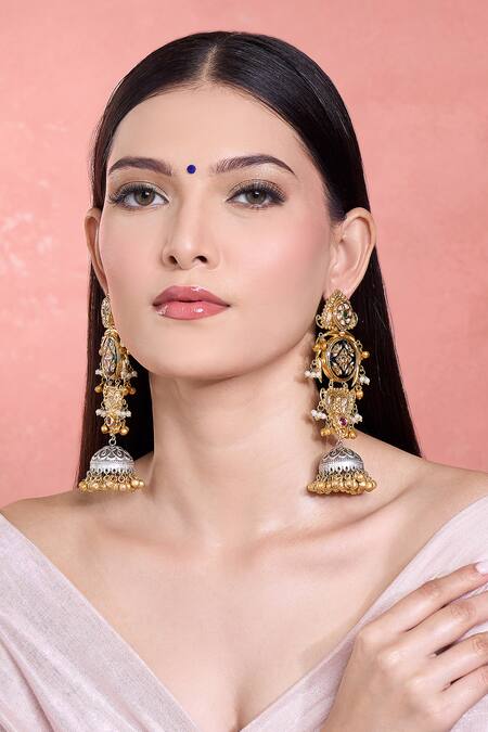 Moh-Maya By Disha Khatri_Multi Color Stones, Beads Gold Plated Geometric Jhumkas_at_Aza_Fashions
