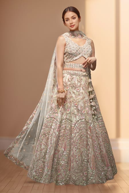 Buy Samyukta Singhania Cream Net, Linen Sequins, Embroidery Asymmetric Floral Lehenga Set Online at Aza Fashions Buy_Samyukta Singhania_Cream Net, Linen Sequins, Embroidery Asymmetric Floral Lehenga Set _Online_at_Aza_Fashions