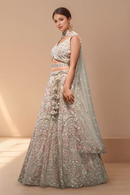Samyukta Singhania Cream Net, Linen Sequins, Embroidery Asymmetric Floral Lehenga Set at Aza Fashions Samyukta Singhania_Cream Net, Linen Sequins, Embroidery Asymmetric Floral Lehenga Set _at_Aza_Fashions