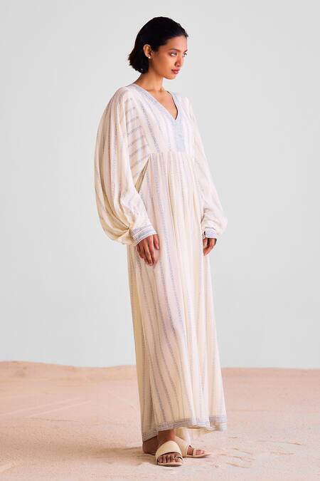 Cotton And Clay_Off White Modal Embroidery V-neck Stripe Print Kaftan Dress With Scarf _Online_at_Aza_Fashions