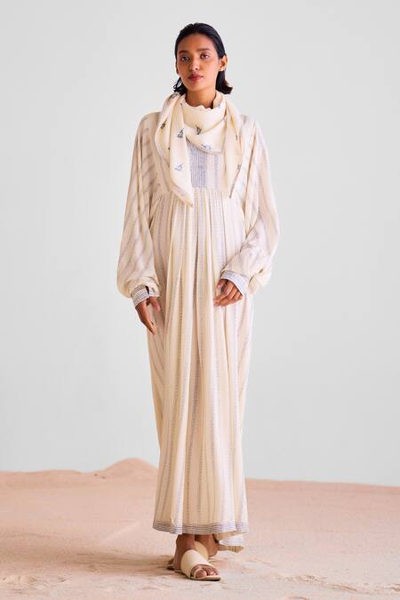 Shop_Cotton And Clay_Off White Modal Embroidery V-neck Stripe Print Kaftan Dress With Scarf _Online_at_Aza_Fashions