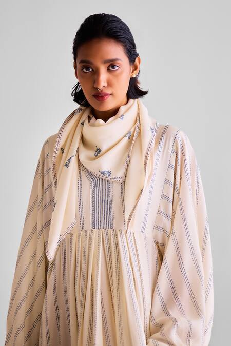 Cotton And Clay_Off White Modal Embroidery V-neck Stripe Print Kaftan Dress With Scarf _at_Aza_Fashions
