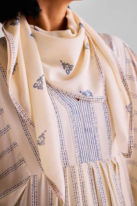 Buy_Cotton And Clay_Off White Modal Embroidery V-neck Stripe Print Kaftan Dress With Scarf 