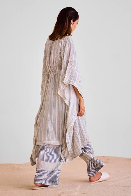 Buy_Cotton And Clay_Off White Modal V-neck Stripe Print Kaftan And Trouser Set _Online_at_Aza_Fashions