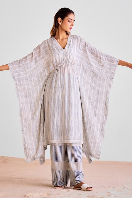 Cotton And Clay_Off White Modal V-neck Stripe Print Kaftan And Trouser Set _at_Aza_Fashions