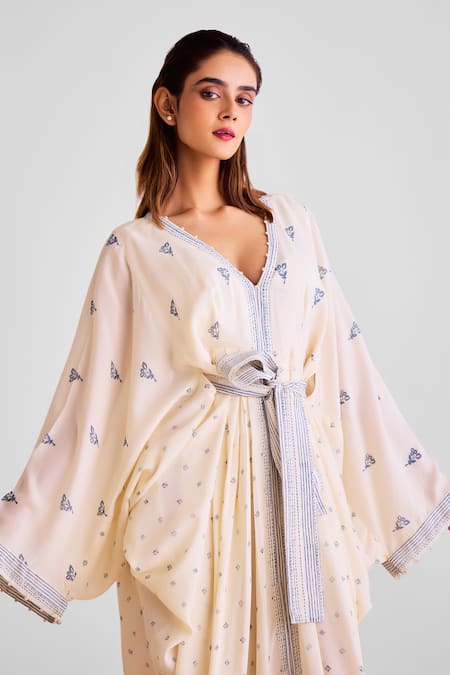 Buy_Cotton And Clay_Off White Modal Embroidery V-neck Floral Print Kaftan Dress With Belt _Online_at_Aza_Fashions