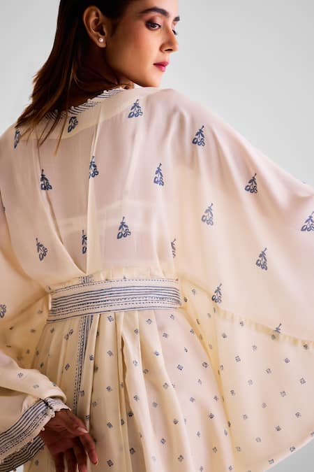 Shop_Cotton And Clay_Off White Modal Embroidery V-neck Floral Print Kaftan Dress With Belt _Online_at_Aza_Fashions