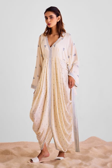 Cotton And Clay_Off White Modal Embroidery V-neck Floral Print Kaftan Dress With Belt _at_Aza_Fashions