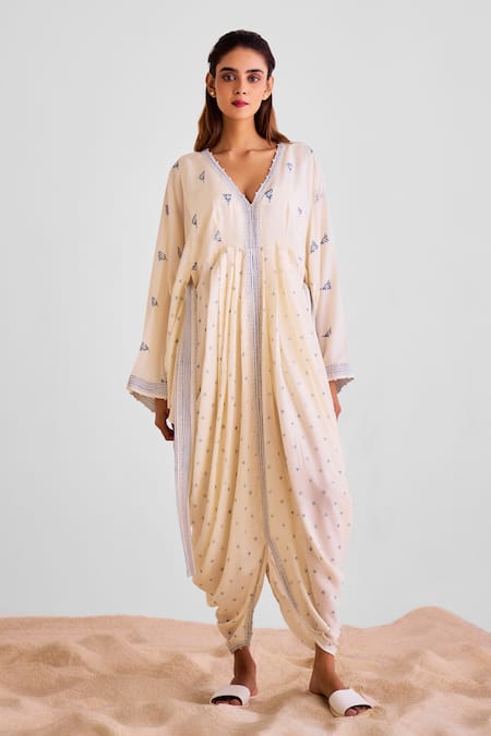 Buy_Cotton And Clay_Off White Modal Embroidery V-neck Floral Print Kaftan Dress With Belt 